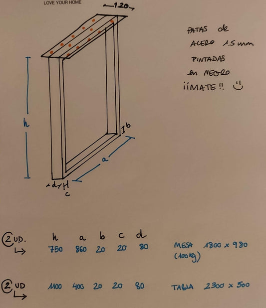 2 patas de 110 x 40 tubo 6x2 Y 2 patas de 75cm alto X 86 de ancho y tubo 8x2 con refuerzos las de 8cm solamente.