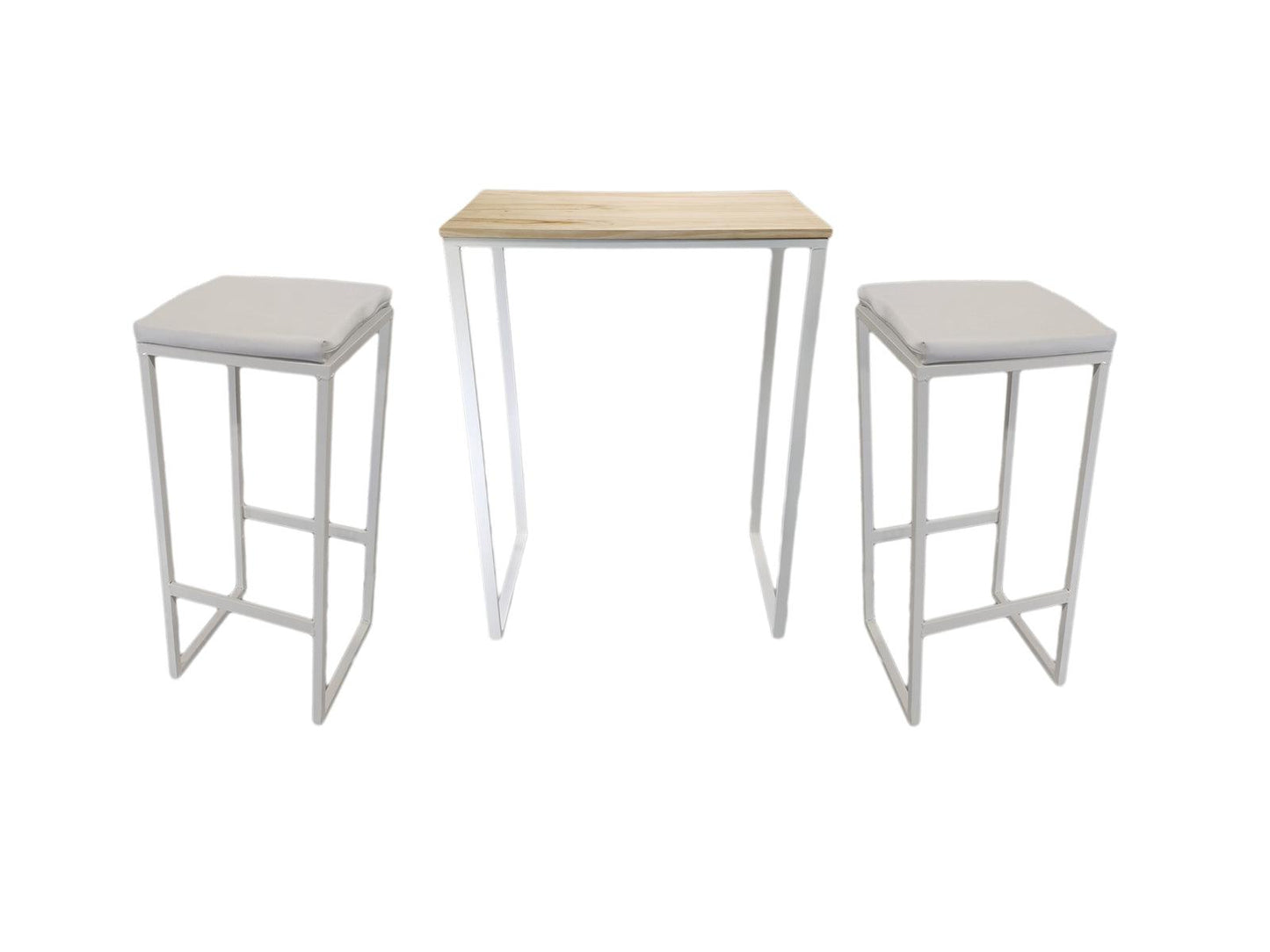 Mesa alta blanca madera pino natural + 2 taburetes acolchados cuero blanco - Welderfire