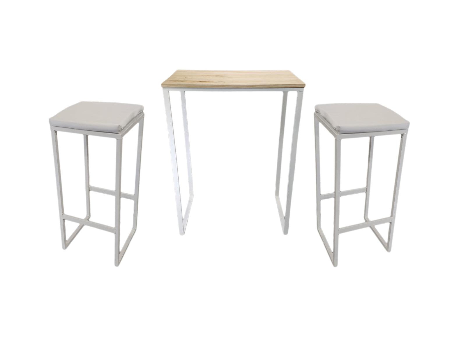 Mesa alta blanca madera pino natural + 2 taburetes acolchados cuero blanco - Welderfire