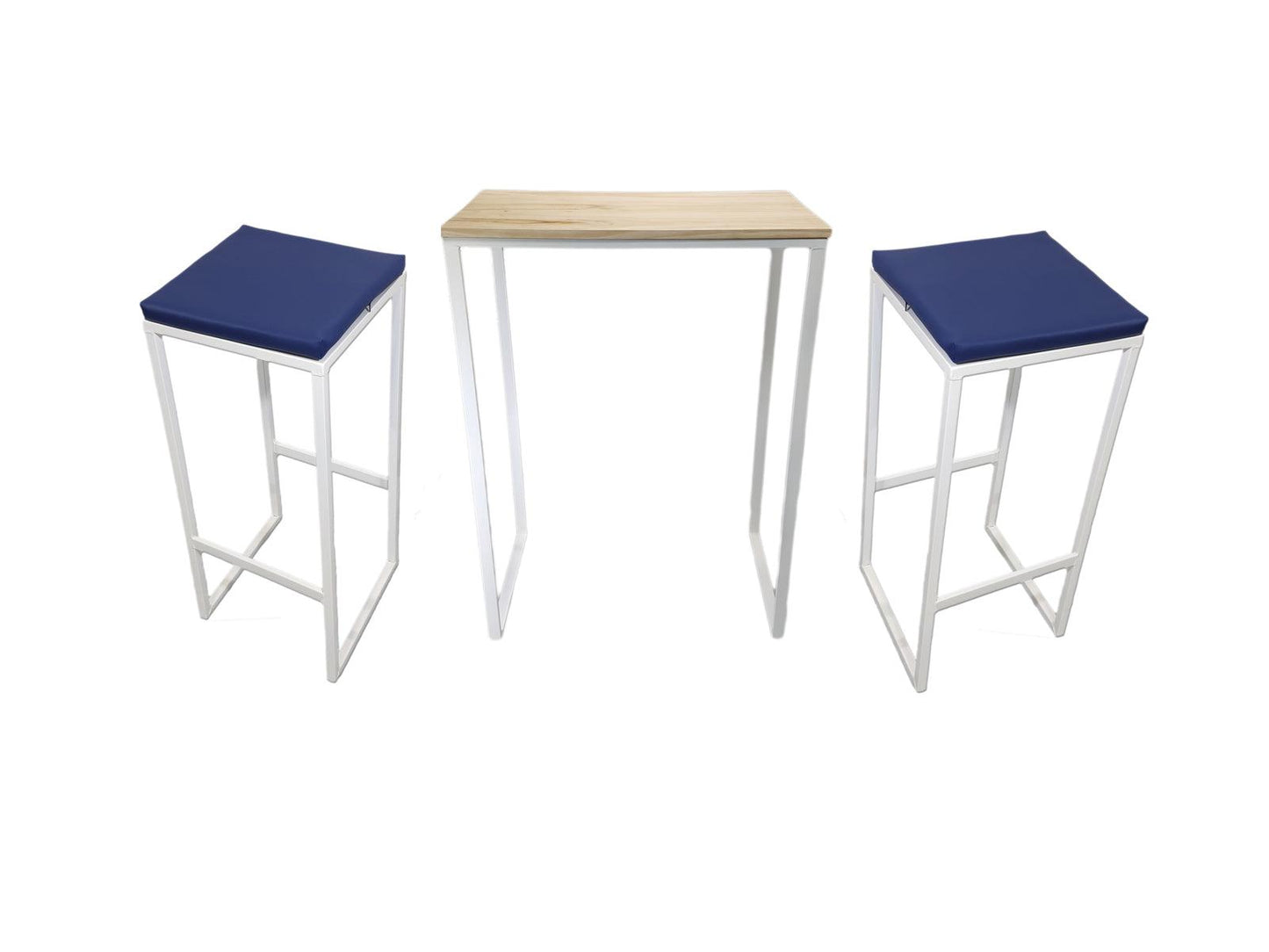 Mesa alta blanca madera pino natural + 2 taburetes acolchados cuero azul - Welderfire