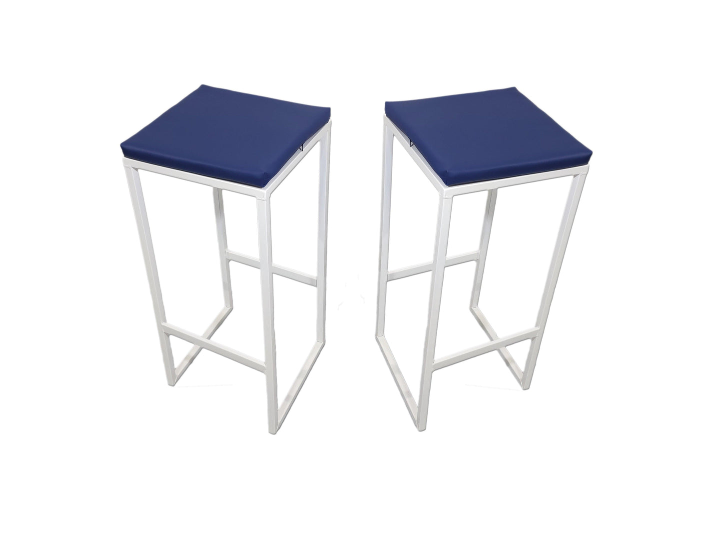 Mesa alta blanca madera pino natural + 2 taburetes acolchados cuero azul - Welderfire