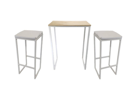 Mesa alta blanca madera pino natural + 2 taburetes acolchados cuero blanco - Welderfire